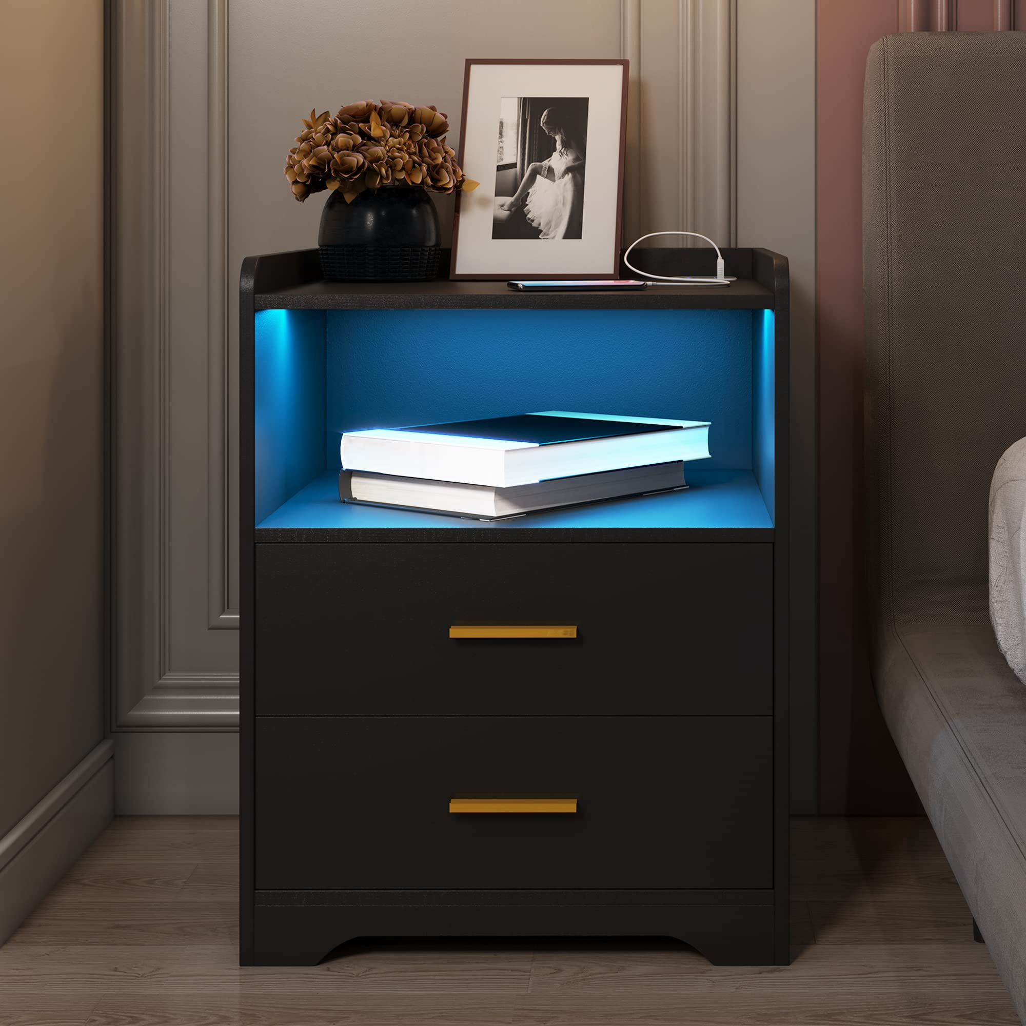 Black Nightstand with Charging Station, Night Stands with 2 Drawers, Smart Nightstand Bedside Table Led