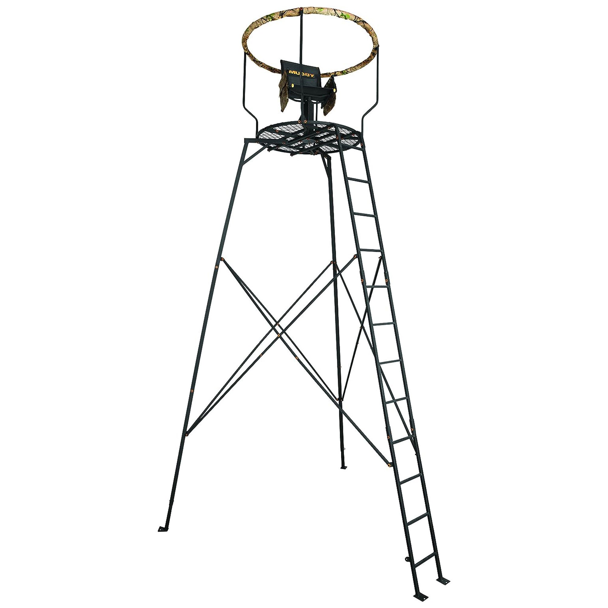 Muddy 16' Liberty Tripod with Hunting Chair, hunting equipment deer stand featuring a swivel Flex Tek seat and detachable gear bag, with a weight capacity of 300 pounds