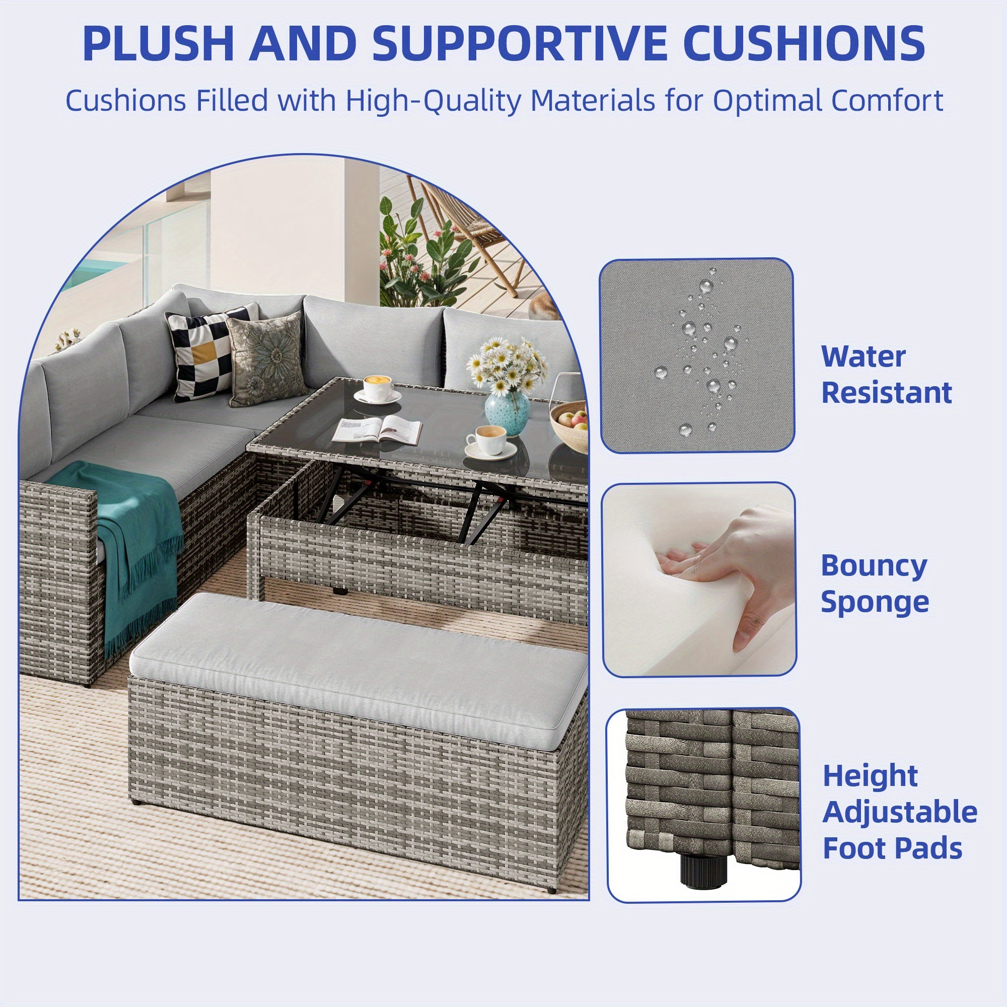 Courtyard PE rattan furniture set, outdoor sectional sofa with stools and adjustable coffee table, suitable for garden and backyard, all-weather conversation set, gray