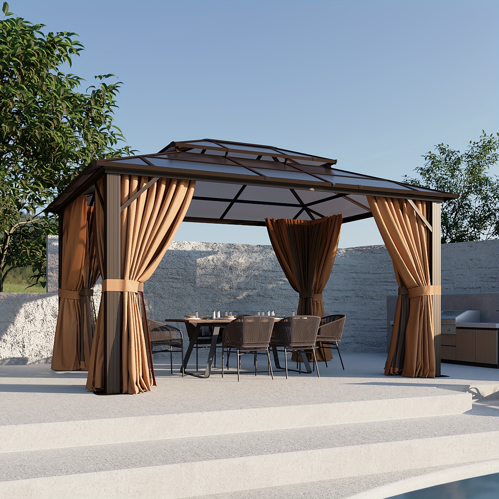 12ft x 10ft brown hardtop gazebo, aluminum alloy frame, double-layer polycarbonate roof, includes curtains and mosquito net, permanent outdoor gazebo, suitable for gardens, lawns, and courtyards