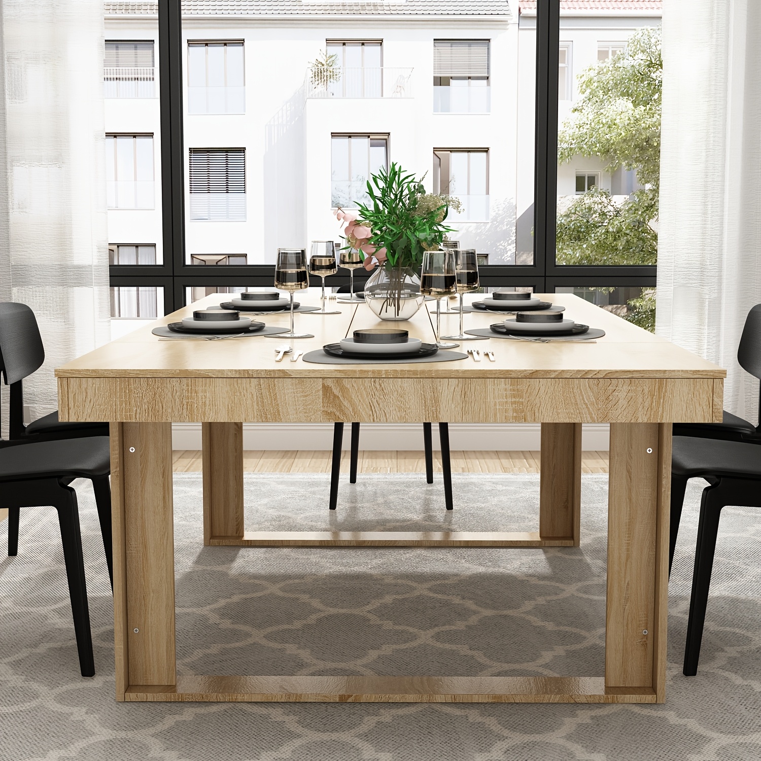 A large rectangular dining table, suitable for 6 to 8 people, designed for modern kitchens, with a brown finish.