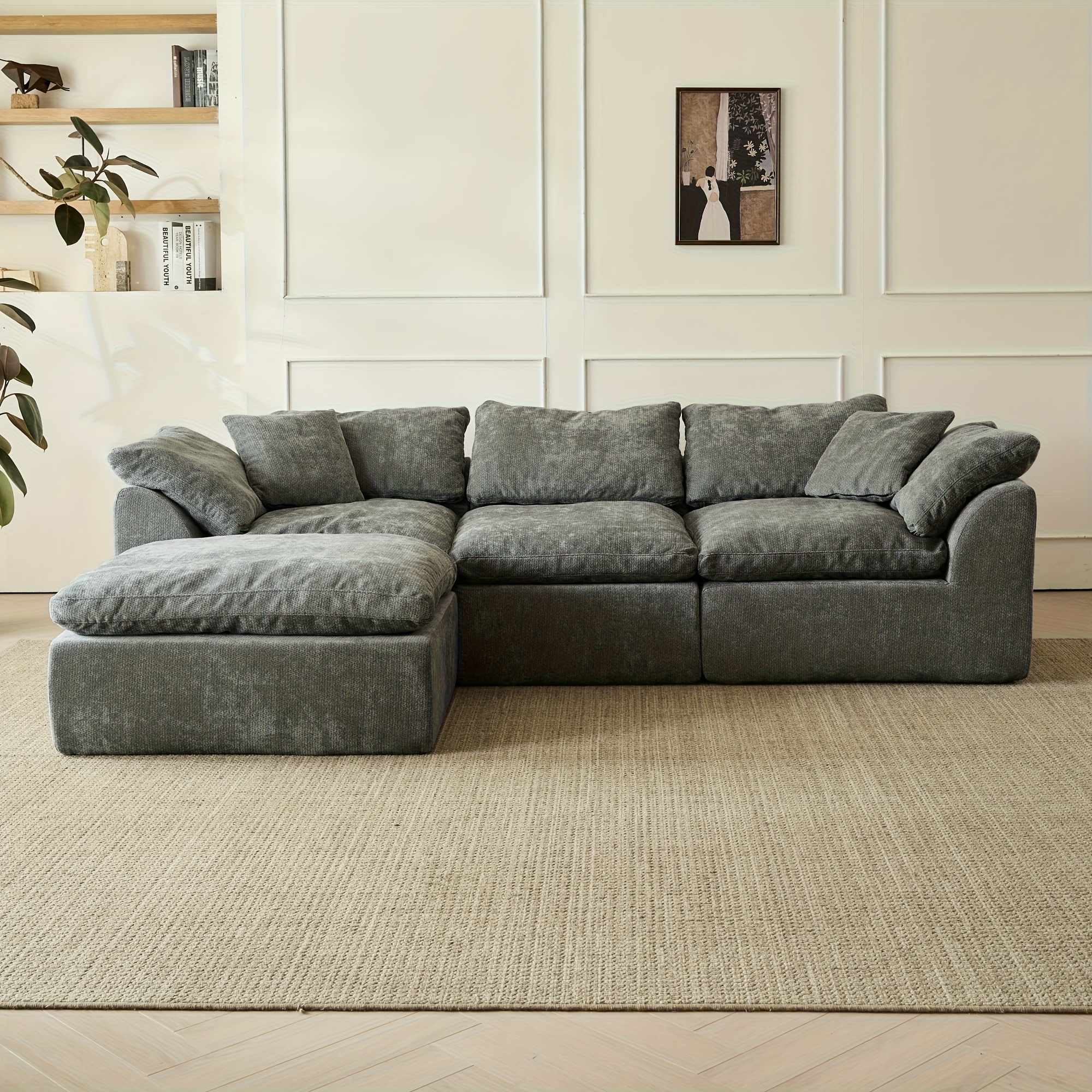 109inch Modern Cloud Sofa, Living Room Deep Seat Corner Frameless Sofa with Footrest, Extra Large Comfortable Three-Seater Chenille Fabric Compression Sofa Modular Combination Sofa, White