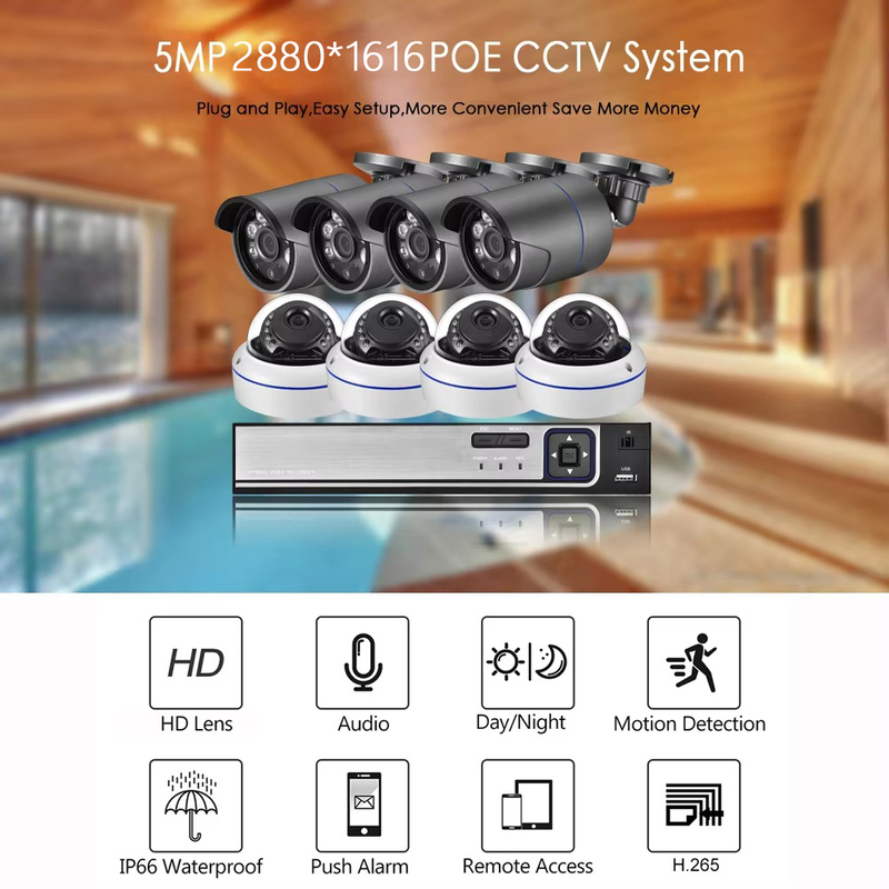 Gadinan Outdoor 5MP Motion detection IP Camera System Face detection Audio Record 8CH HD POE NVR Security Video Surveillance Set