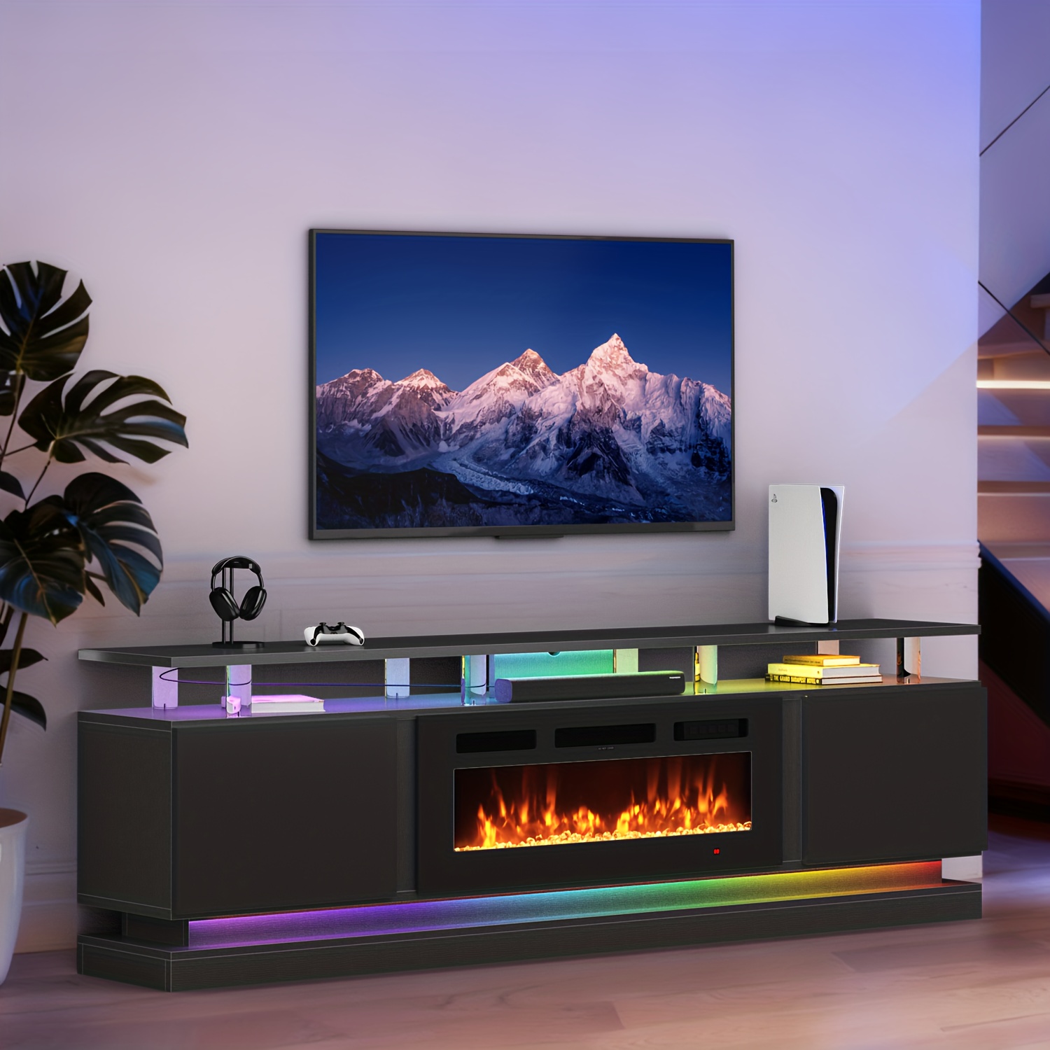 Uniform TV cabinet configuration 36.3inch with modern power outlets, entertainment center, suitable for TVs up to 80inch, media console with plug-in storage cabinet and 12-color LED lighting