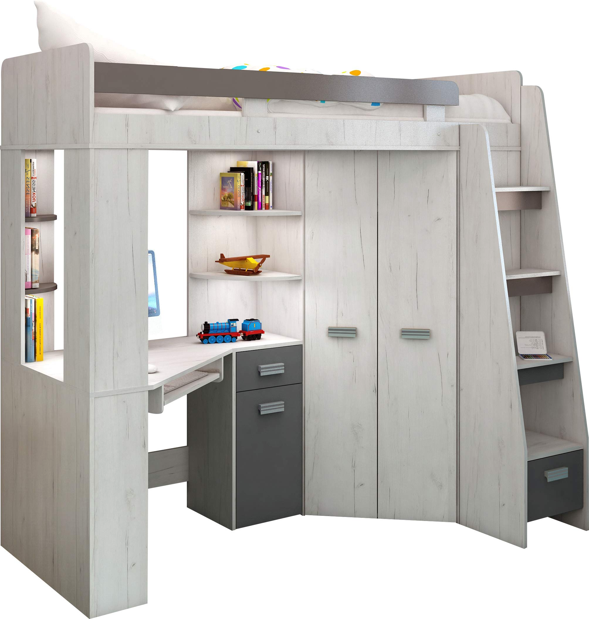 High Sleeper/Bunk Bed - All In 1 Right or Left Hand-side Stairs - Kids/Children Furniture Set