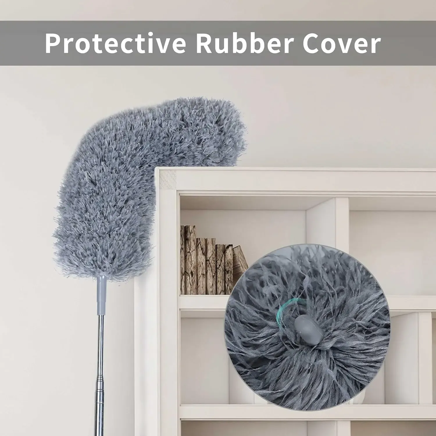 Extendable microfiber duster, equipped with 100inch extension rod, 3 washable duster replacement heads, 360-degree rotation° Flexible long-handled ceiling fan cleaning brush, with rubber cover, gray