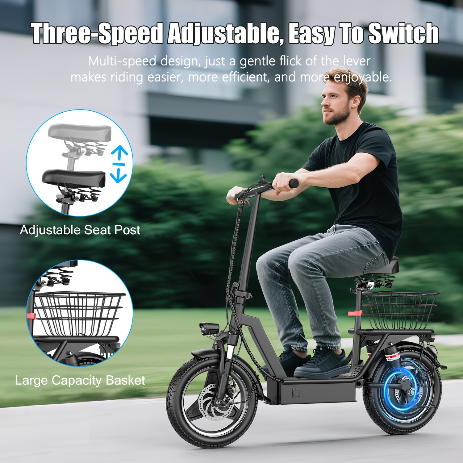 Electric scooter with seat, 25-mile long range and a top speed of 19.9 mph, 14inch inflatable tires, height-adjustable seat and handlebars, dual suspension commuter scooter with basket