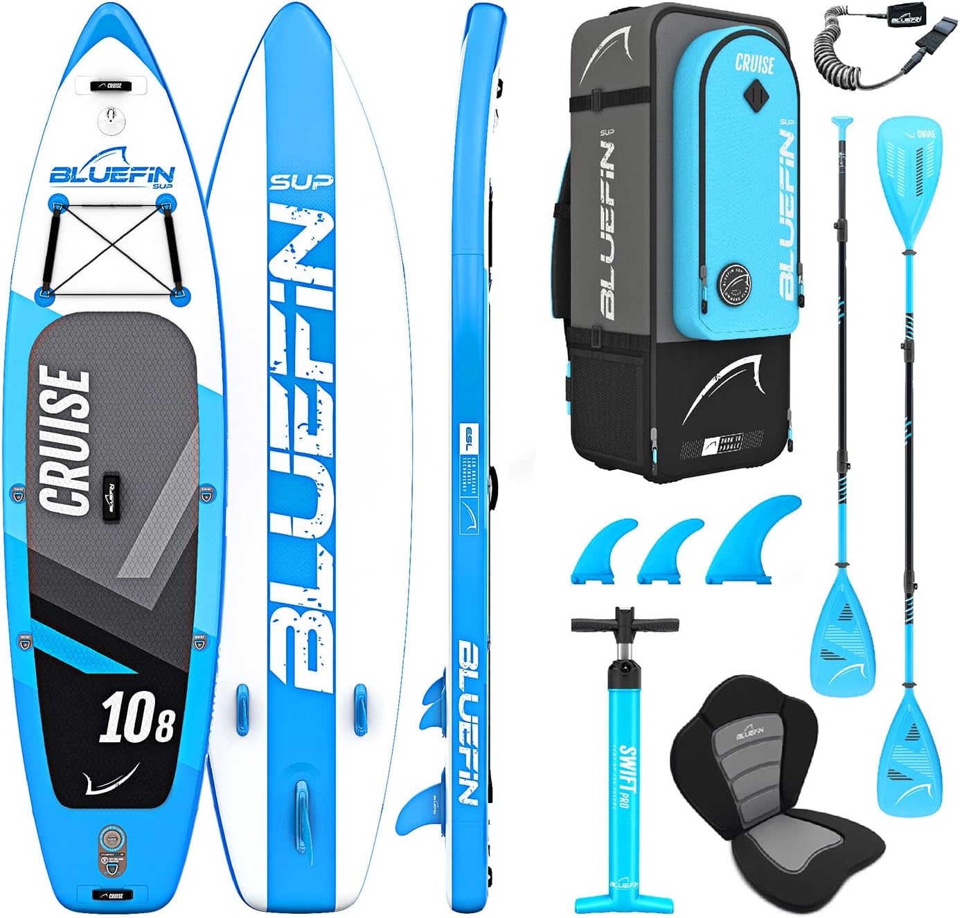 Bluefin Cruise SUP Inflatable Stand Up Paddle Board | Premium Paddleboard Accessories | Multiple sizes: Kids, 9'8, 10'4, 10'8, 12', 15'