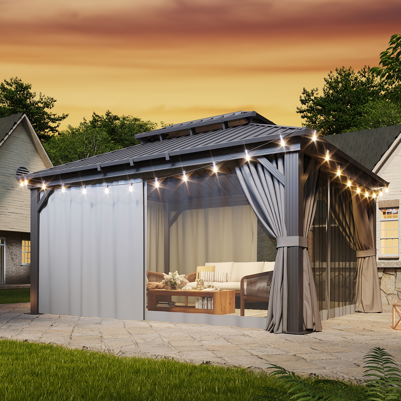 Sonegra 12' X 20'/12' X 16'/12' X 10' Hardtop Gazebo, Double Galvanized Steel Roof - Aluminum Frame Outdoor Gazebo with Mosquito Net and Curtains, Suitable for Patio, Yard, and Deck (Free Shipping)