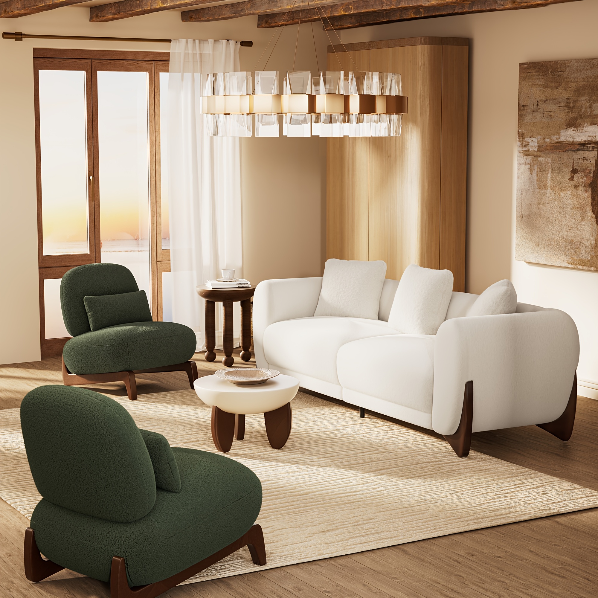 Morden Fort 3-piece cloud sofa set, modern fabric sofa set, crescent-shaped wooden legs, skin-friendly minimalist Upholstery for the living room, comfortable sofa with 3 seats and 2 chairs, beige/green/mixed colors