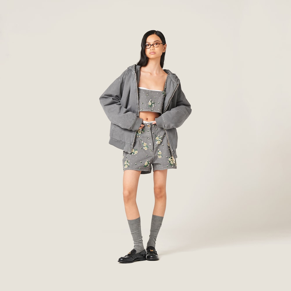 Embroidered garment-dyed gabardine top