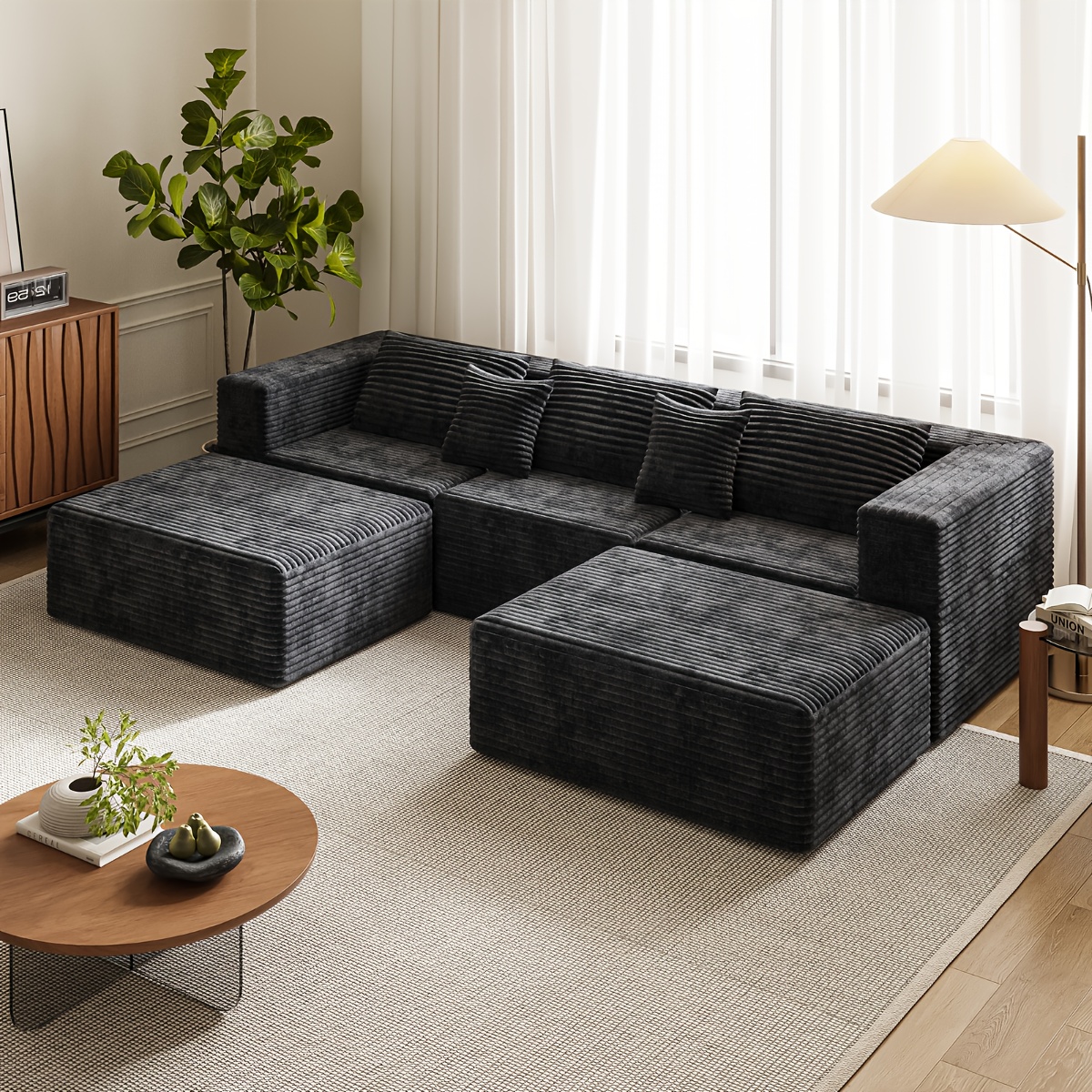 Five-piece U-shaped living room sofa set: modular sofa bed with memory foam cushions and corduroy fabric, frameless structure requires no installation, instantly adds a Christmas atmosphere to the living room