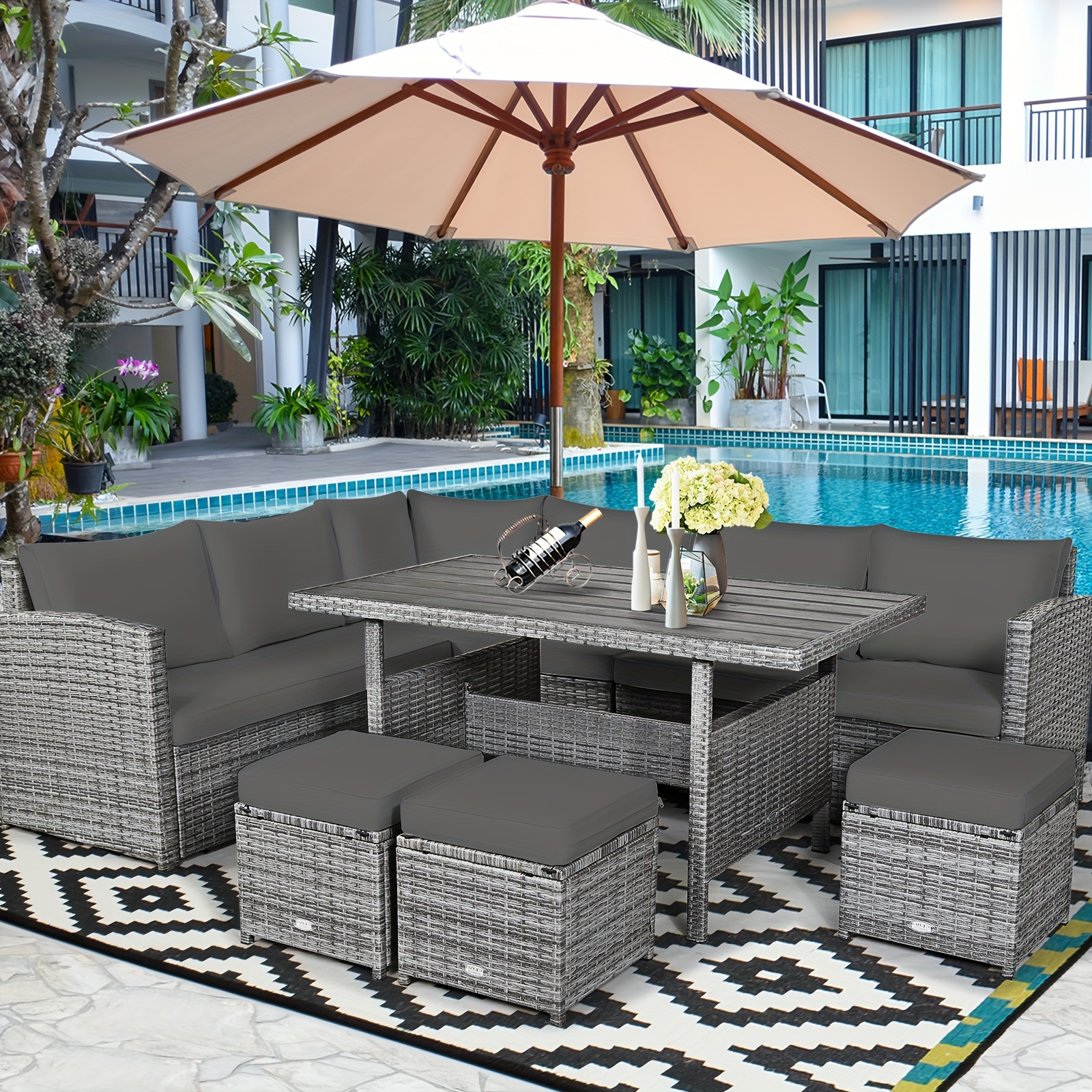 7-piece courtyard rattan dining table set, combination sofa, footstool, garden gray