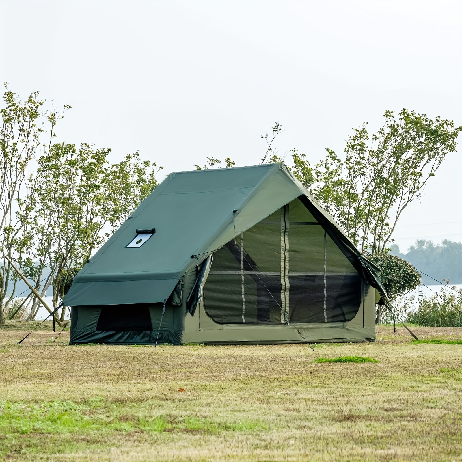 Inflatable tent with stove hole, suitable for 3-4 people, all-season self-standing air tent, easy-to-set-up cabin-style camping tent, with mesh windows, suitable for outdoor and family camping
