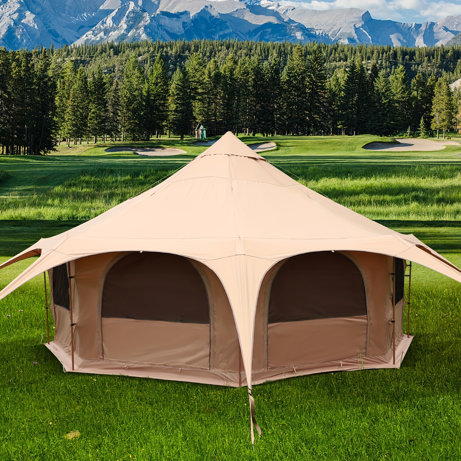 Canvas bell tent, 16.4 feet long * 9.2 feet high, with stove jack, suitable for luxury camping and family camping, with zippered removable floor