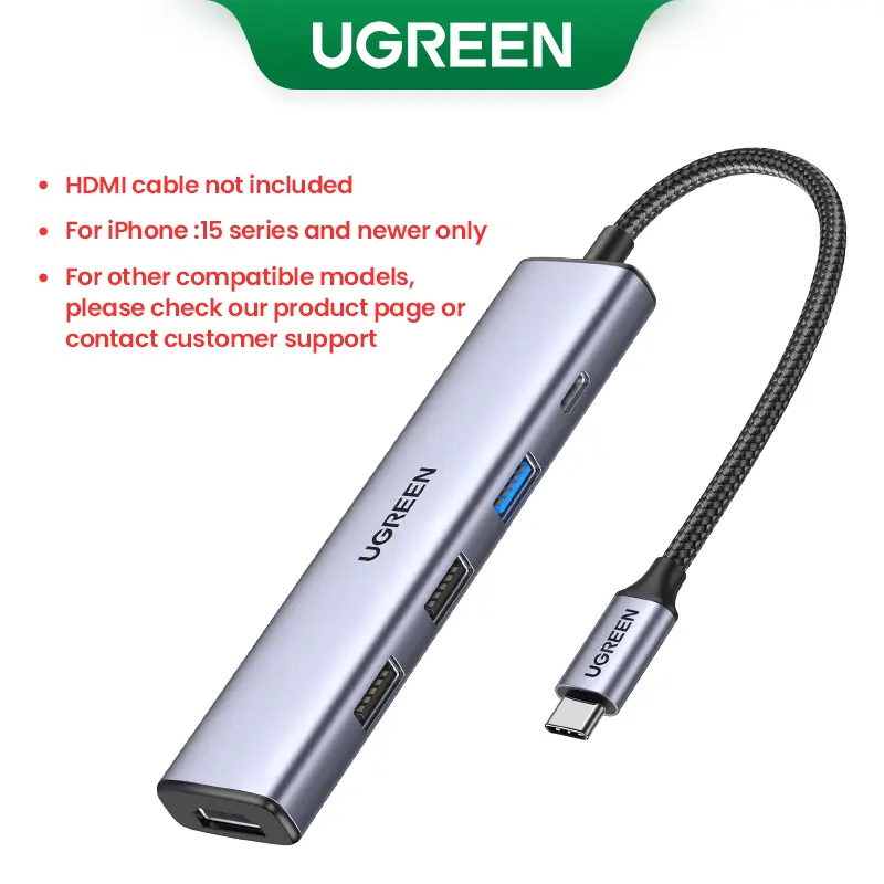 UGREEN 5-in-1 USB-C Hub Bundle with 8K HDMI 2.1 Cable, 4K@30Hz HDMI, PD 100W Charging, USB 3.0 & USB 2.0 Ports, Multiport Adapter for MacBook, iPad Pro, iPhone 16, XPS, ThinkPad