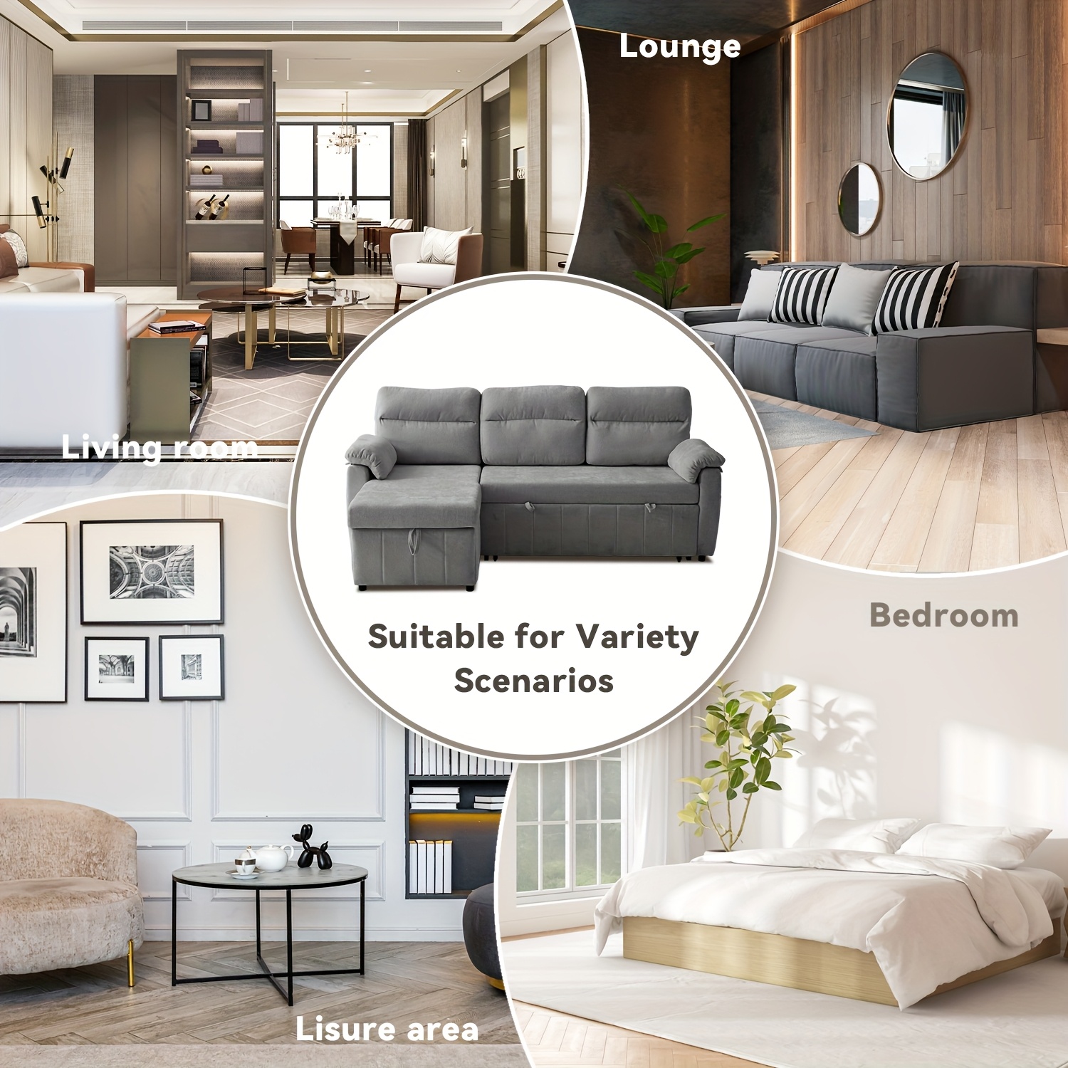 Convertible sofa bed with pull-out mattress, equipped with a recliner and ample hidden storage space, perfect for small living rooms