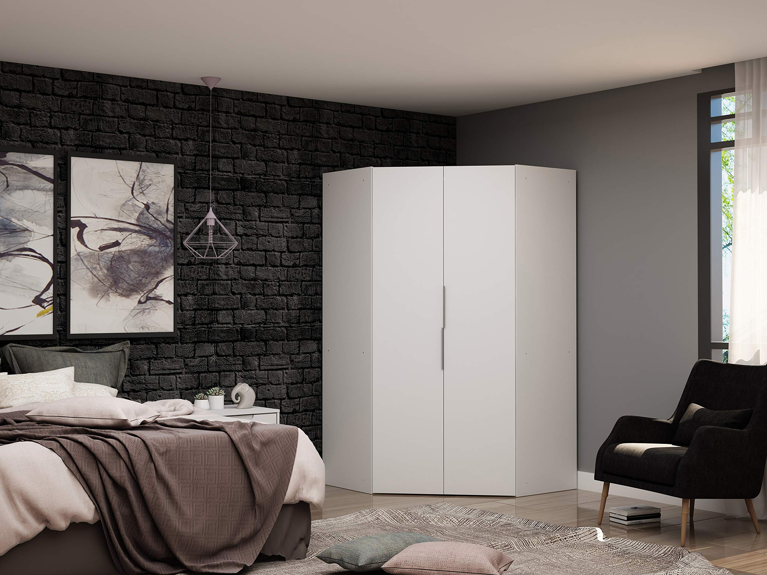 Rockefeller Ultra Modern 2 Door Open Corner Bedroom Closet with Hanging Rods, 65.91
