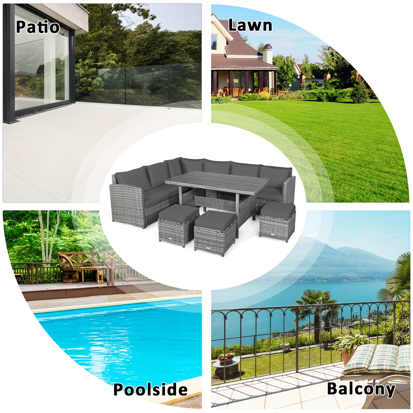 7-piece courtyard rattan dining table set, combination sofa, footstool, garden gray