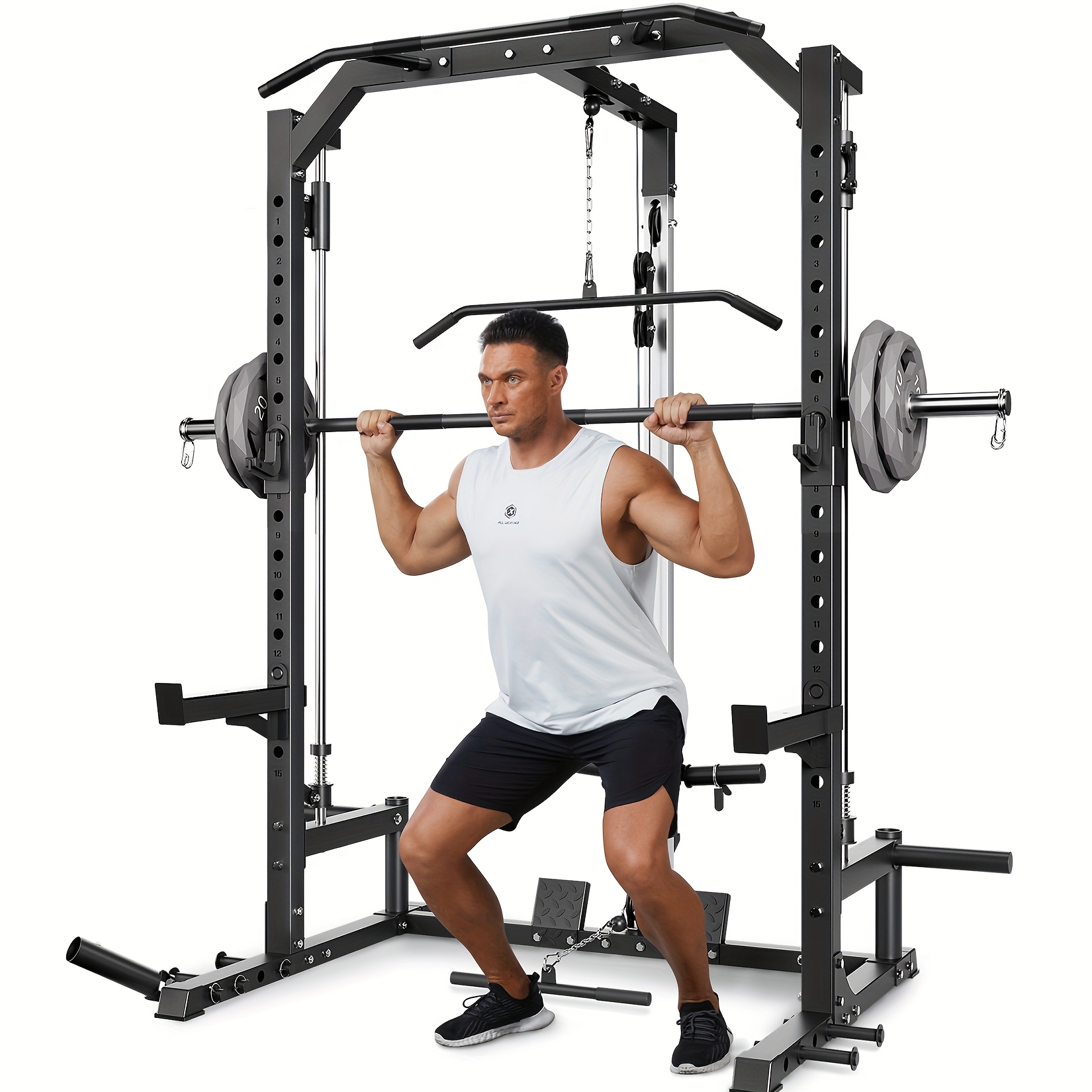 Smith machine with leg pull-up bar, multi-functional power cage with full-body training accessories, heavy-duty home gym squat rack, no need for weight plates