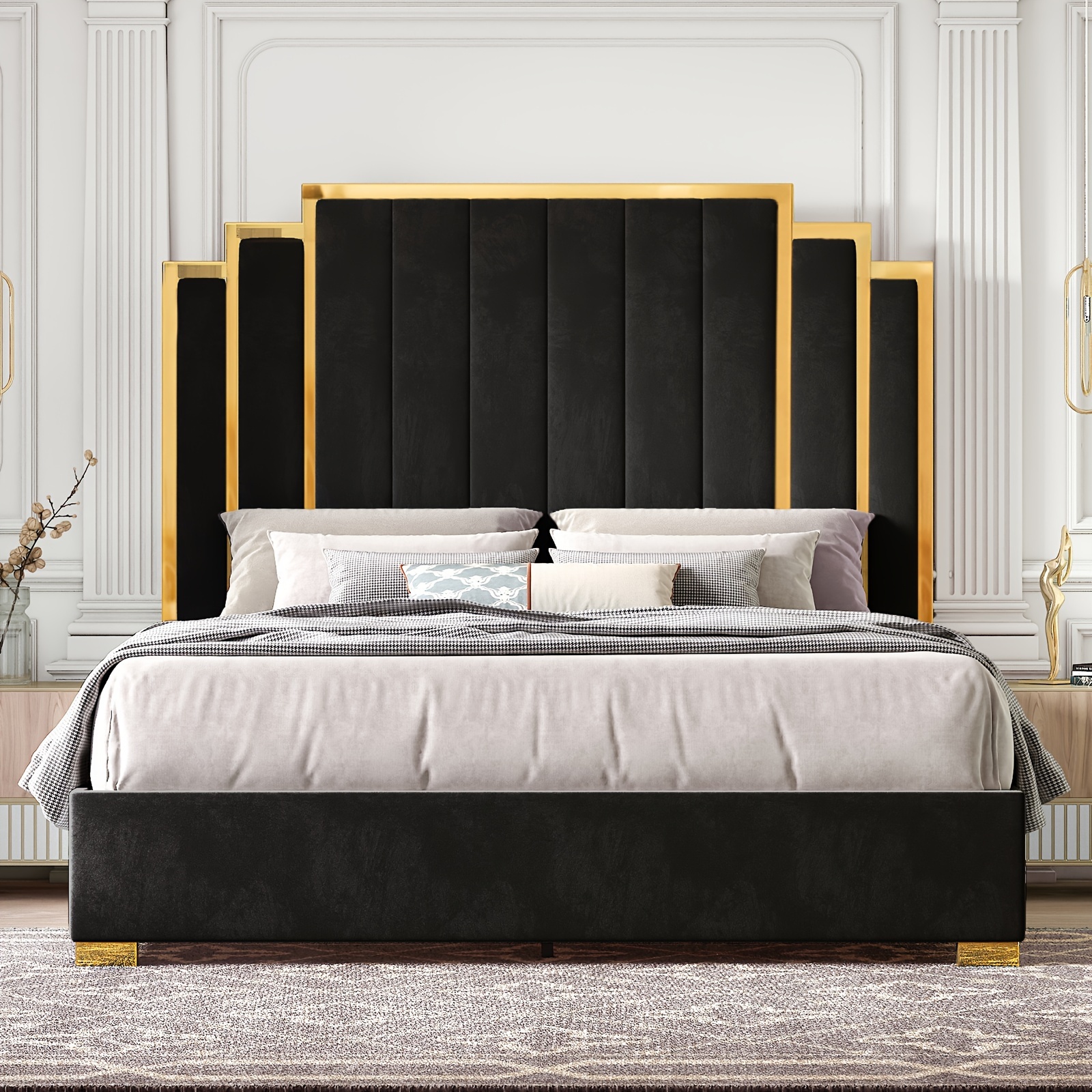 Velvet-trimmed platform bed frame, available in 61.4inch or 65-inch sizes, features a gold rolled-edge headboard and wooden bed slats, no mattress required.