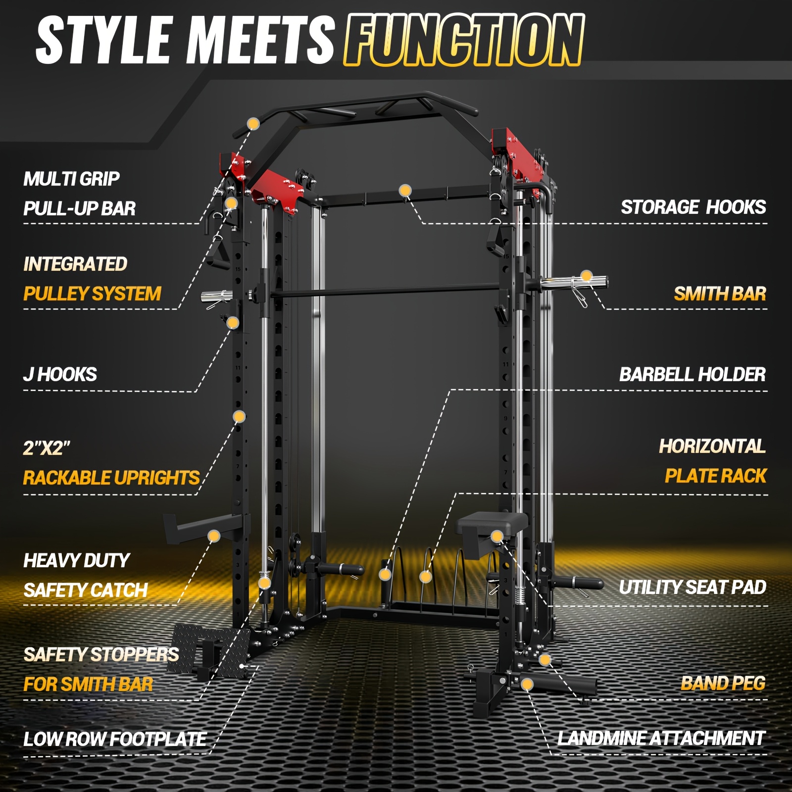Smith trainer, 2000-pound power cage squat rack, equipped with a Smith bar, dual-pull down system, cable crossover trainer, and more home gym cable attachments