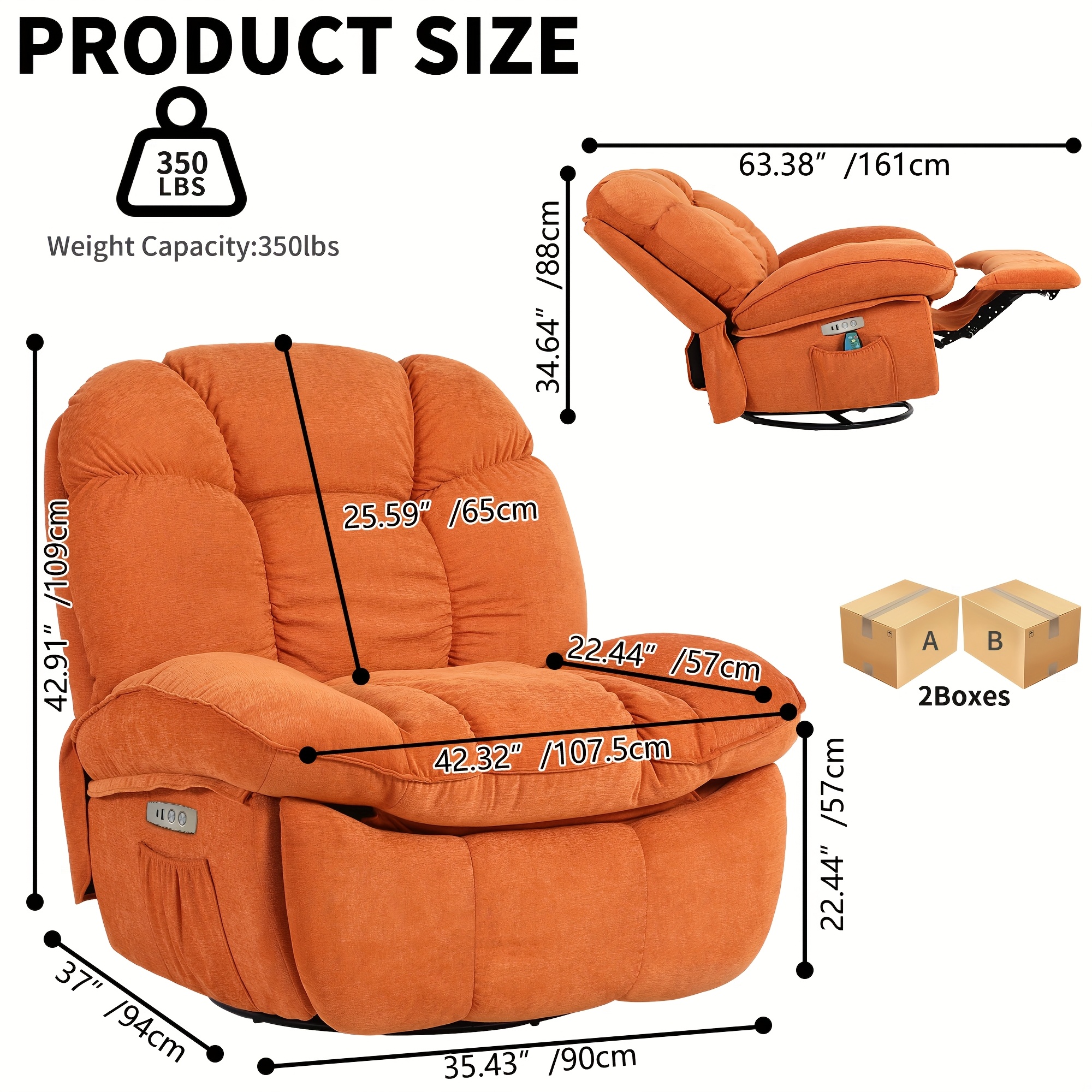 Electric recliner, a luxurious swivel recliner with vibration massage and heating functions, modern single-seater sofa rocking chair, equipped with USB, USB-C and side pockets, perfect for living room decor