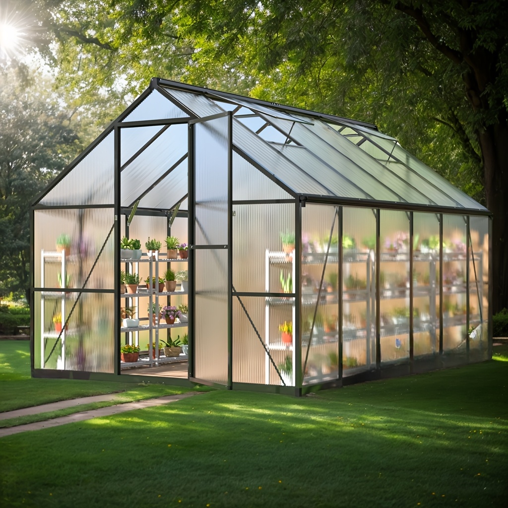 Outdoor 12x8 ft greenhouse, featuring polycarbonate panels, a quick-install structure and a roof ventilation system, large walk-in greenhouse with an aluminum frame, suitable for garden backyards and garden cottages
