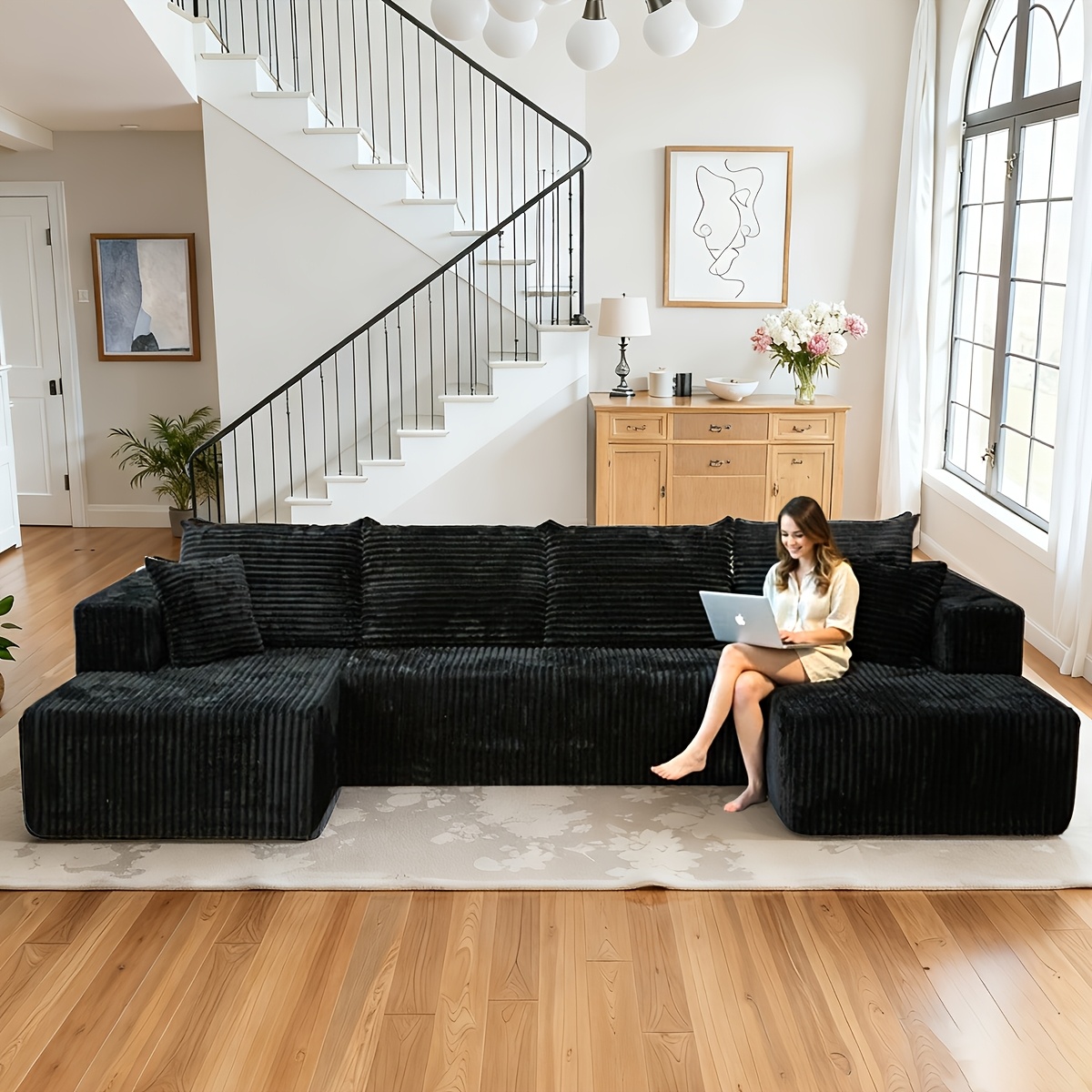 132inch Modular sofa, U-shaped corduroy sofa, frameless compressed corduroy sofa, easy to assemble, modern living room sofa bed, suitable for living room sofa sets, space-saving design, convertible