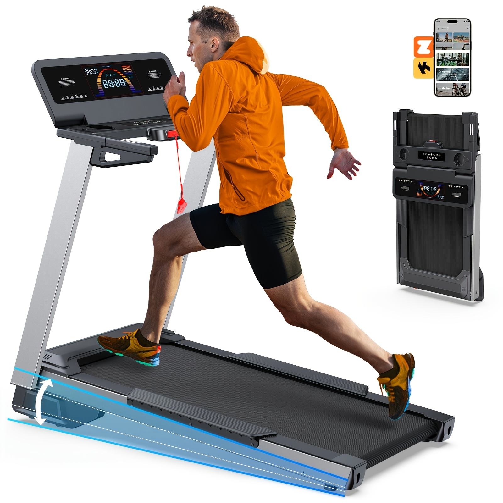 Foldable incline treadmill with a 450-pound capacity, intelligent voice control, compatible with KINOMAP ZWIFT, heavy-duty treadmill suitable for gym and home use, 4.0HP ultra-quiet brushless motor, music player, heart rate monitor, battery-free