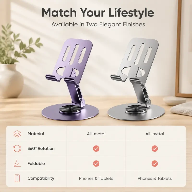 360° Rotatable Foldable Metal Phone Holder, Adjustable Desktop Stand, Hollow Heat Dissipation Cellphone Mount for Smartphone Small Tablet Home Office Travel