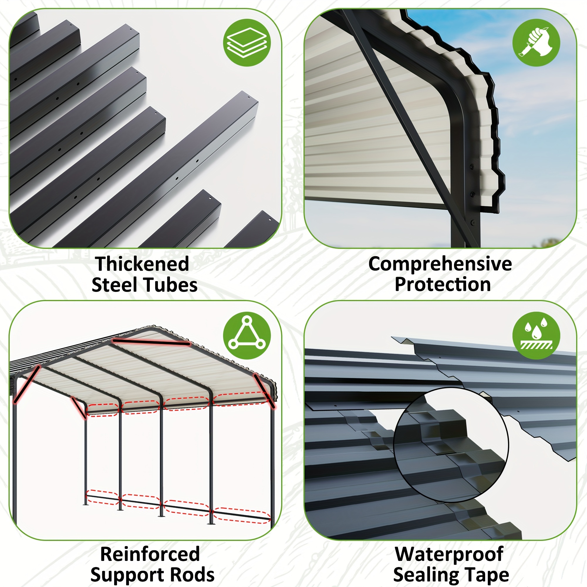 Heavy-duty metal carport, measuring 10x15 feet, with an improved base, suitable for outdoor use.This galvanized cover is designed specifically for pickups, boats, cars, and tractors