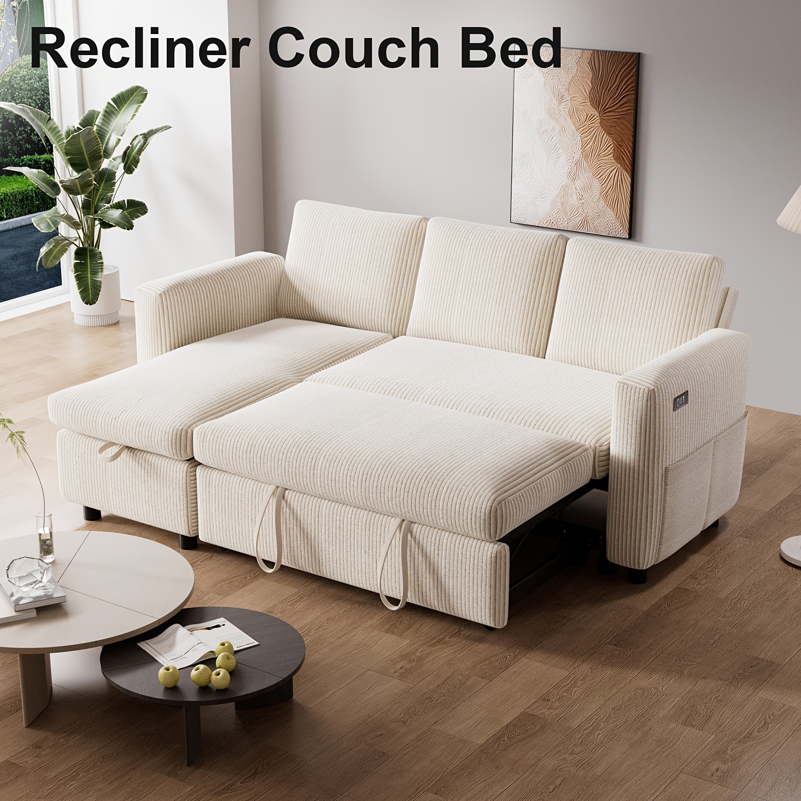L-shaped corner sofa bed with pull-out bed function, adjustable backrest, double-sided storage chaise lounge, equipped with USB port, tool-free assembly