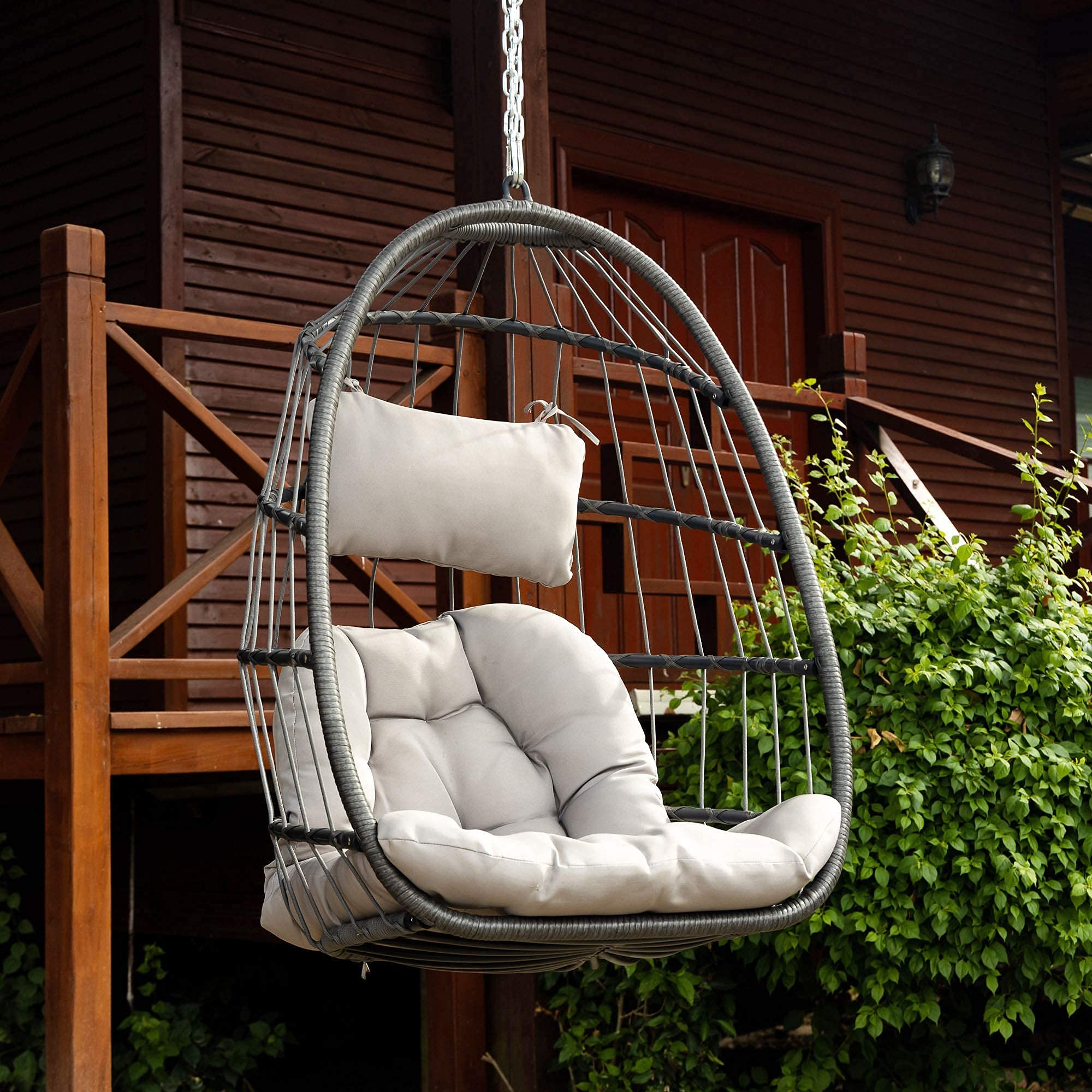 Wicker Rattan Hammock Egg Swing Chair with Hanging Chain, Aluminum Frame & UV Resistant Cushion