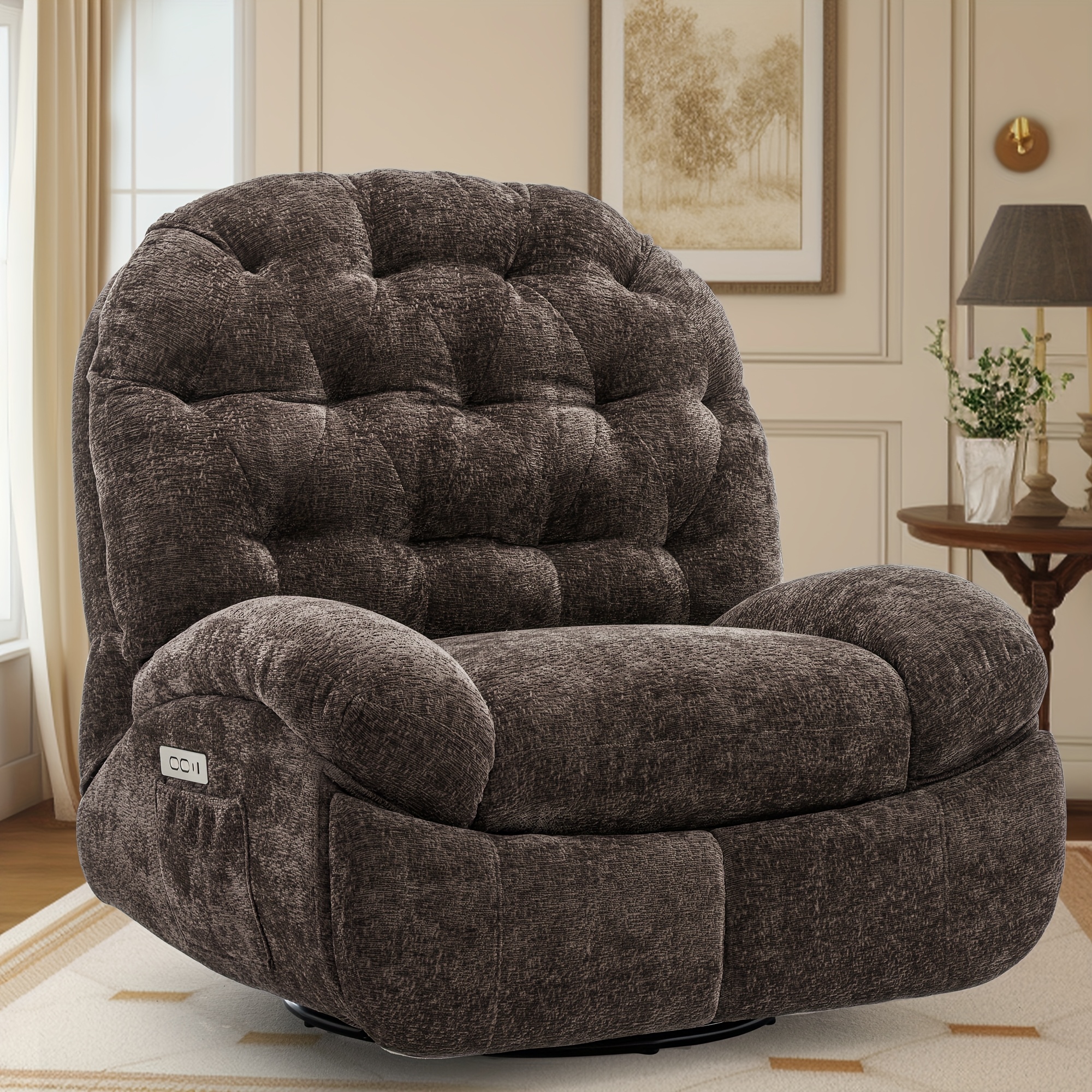 Large rotating recliner, adult electric rocking chair, electric recliner, comfortable soft shell recliner with USB port and storage space for the living room