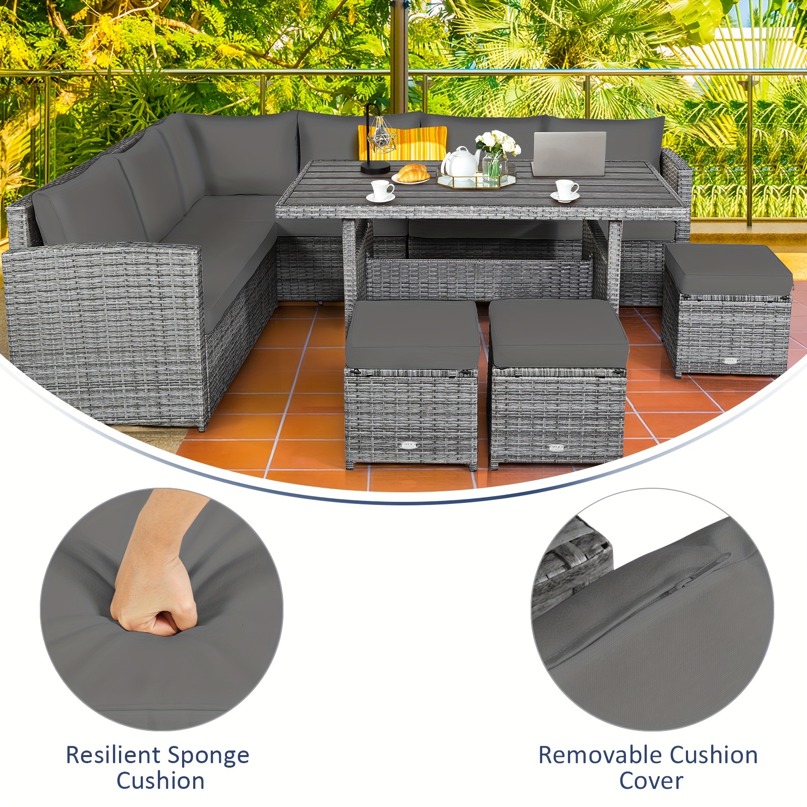 7-piece courtyard rattan dining table set, combination sofa, footstool, garden gray