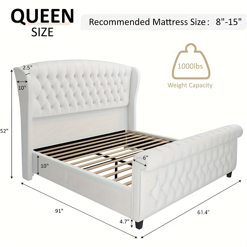 Chenille fabric bed frame, featuring a scroll-back headboard and footboard, with button-tufted embroidery design, does not require a box spring mattress