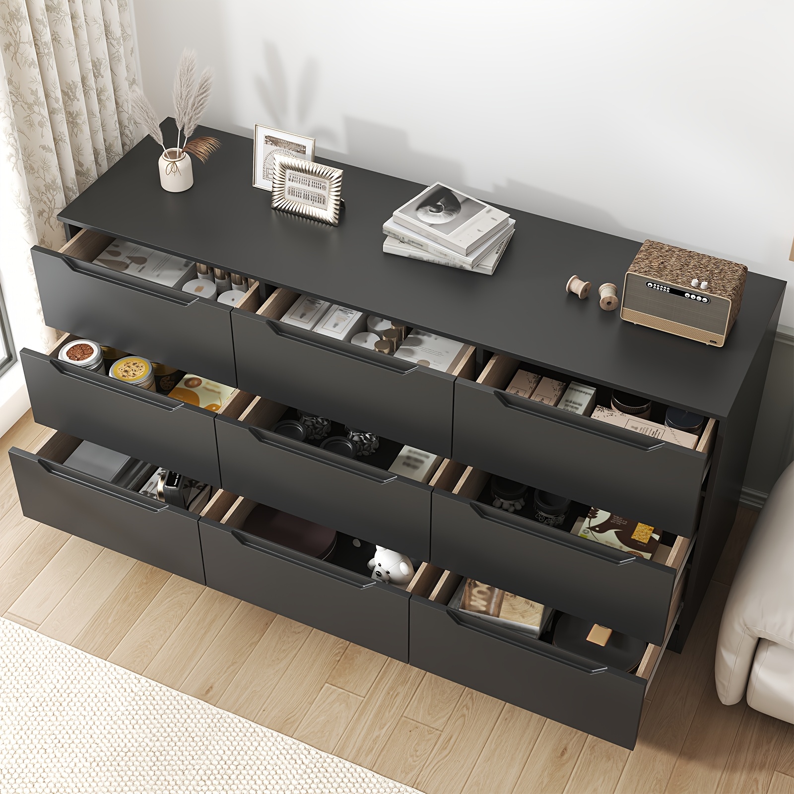 9-drawer dresser, 9-drawer vanity table, 62inch wide drawer organizer, modern TV stand storage cabinet with large wooden drawers, suitable for bedroom, living room, entryway, office