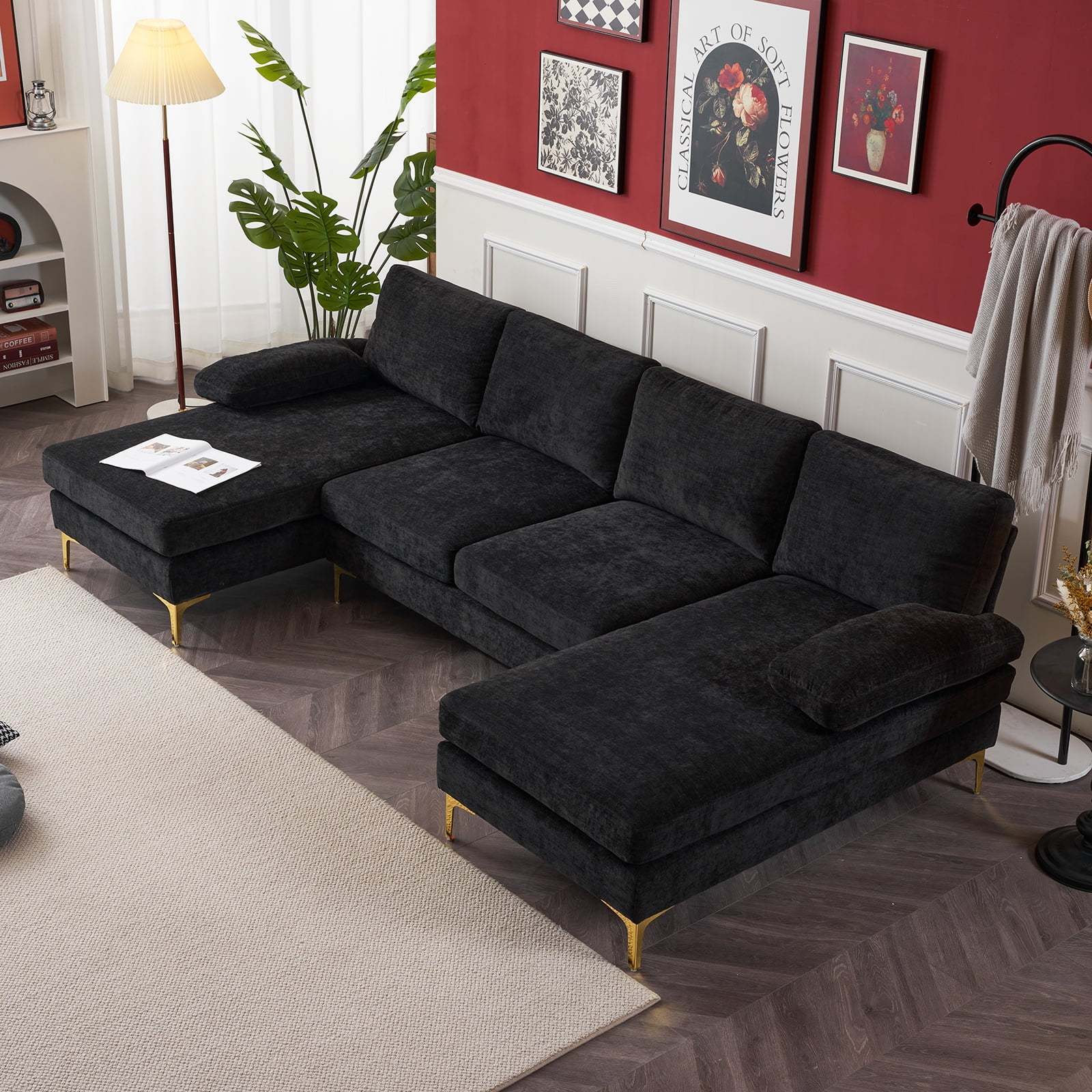 U-shaped sofa with two chaise lounges, gold-plated legs, 4-seater, indoor modular sofa, chenille