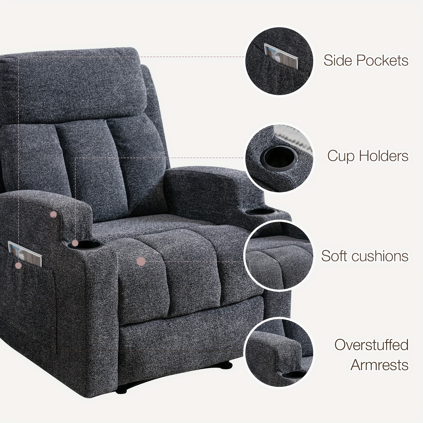 Modern Manual Massage Recliner with Heating Function - Ultra-Breathable Fabric Single Seat Sofa Lounge Chair with Side Pocket and Cup Holder