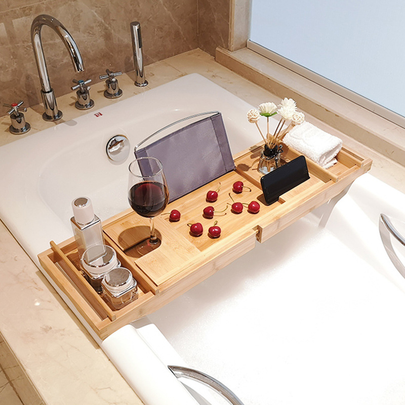 Bathtub storage rack bamboo multifunctional storage rack mobile phone bracket bathroom retractable bathroom storage rack