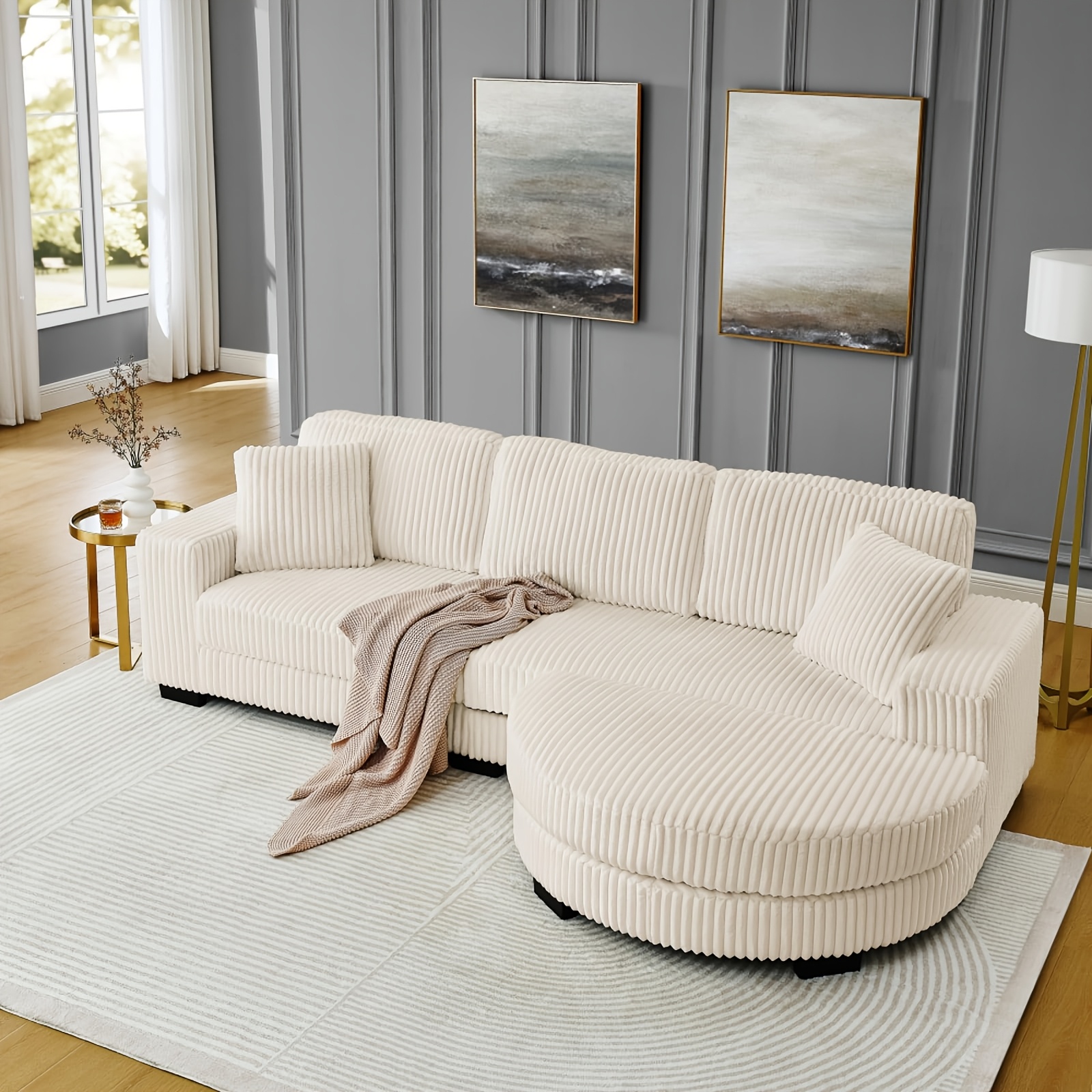 110inch Extra-large modular sectional sofa with fluffy corduroy cushions, deep-seated cloud sofa, convertible lounge sofa, featuring an arched footrest and 2 foldable pillows, suitable for home apartment living room sets