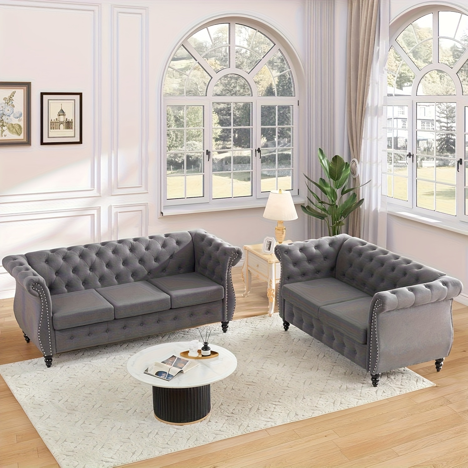 66inch Chesterfield luxury sofa, living room loveseat, with stud detailing and roller armrests, vintage tufted sofa, gourd-shaped wooden legs, gray Chesterfield sofa, suitable for bedroom