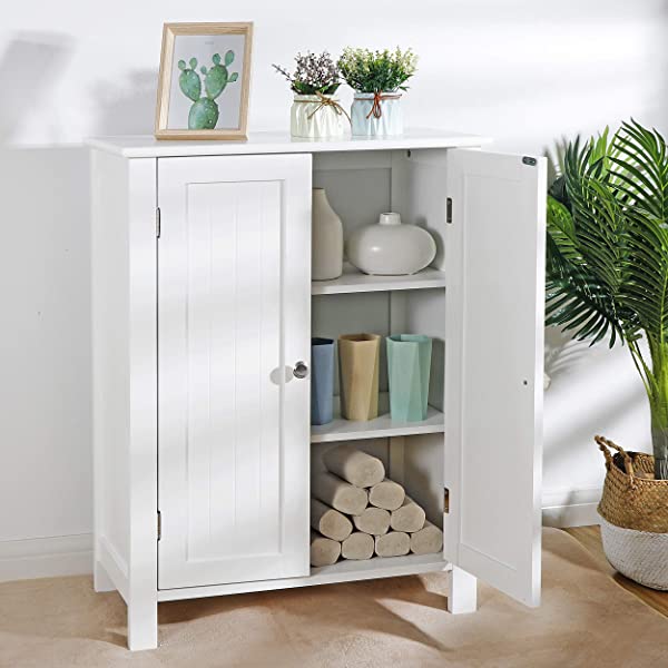SUPER DEAL Modern Bathroom Floor Storage Cabinet with Adjustable Shelf and Double Door Rust Proof, Living Room Modern Home Furniture Storage Organizer Cabinet