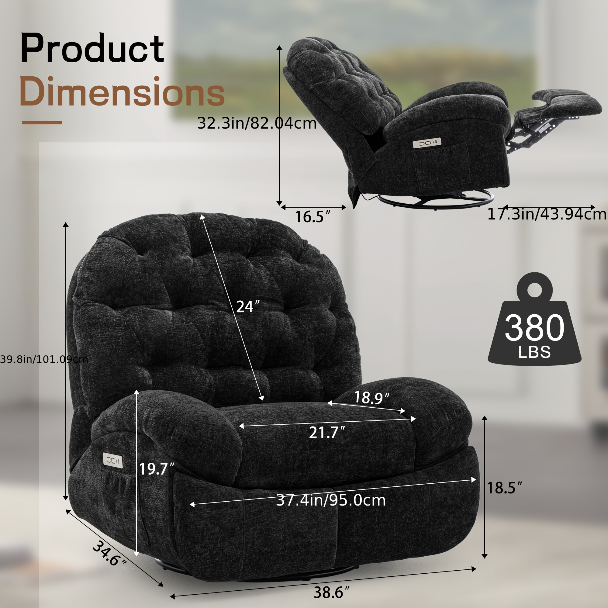 Extra-large swivel electric recliner with USB port and side storage pocket, comfortable soft-shell rocking chair, large chenille sofa chair, suitable for living room use
