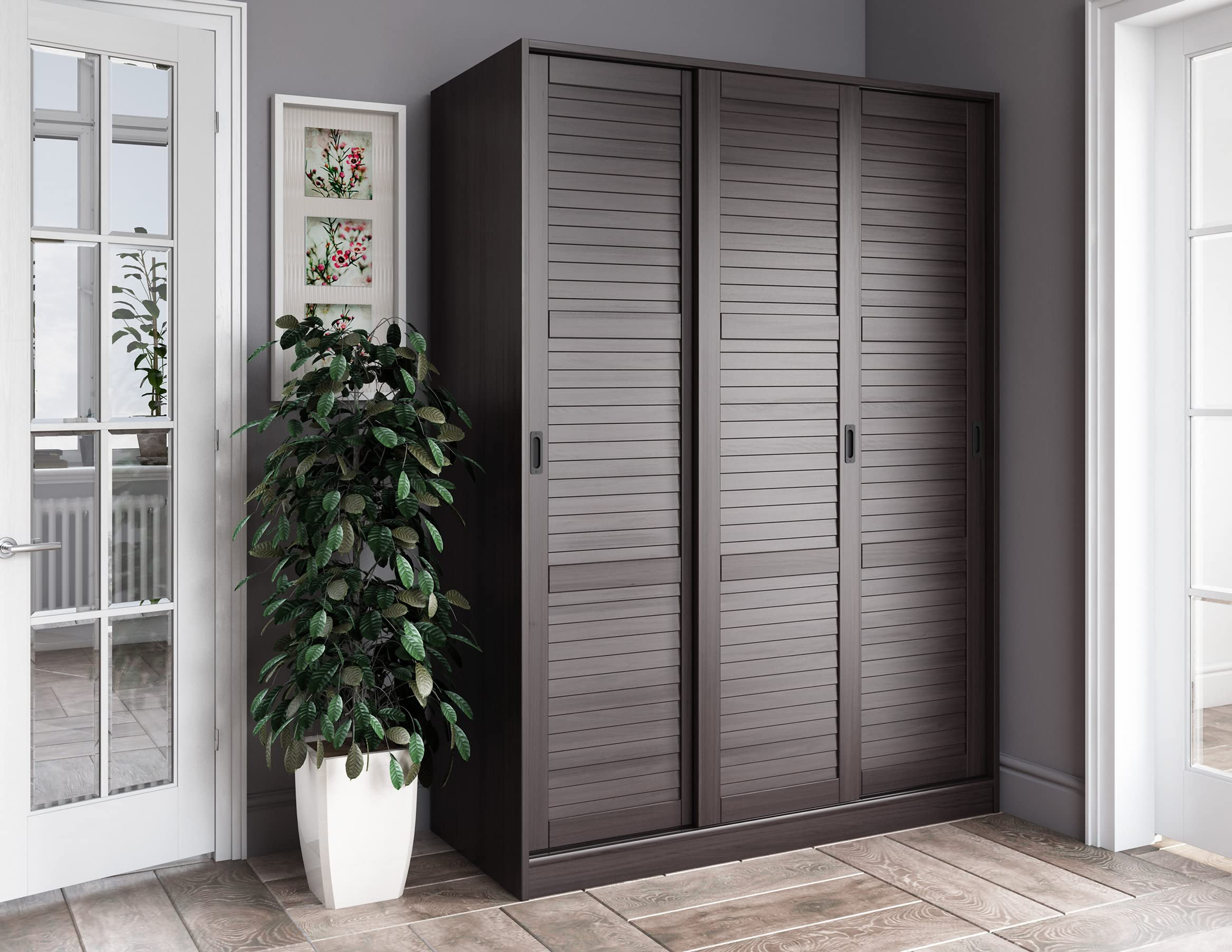 100% Solid Wood Wardrobe with 3 Sliding Louvered Doors, 5 Shelves Included