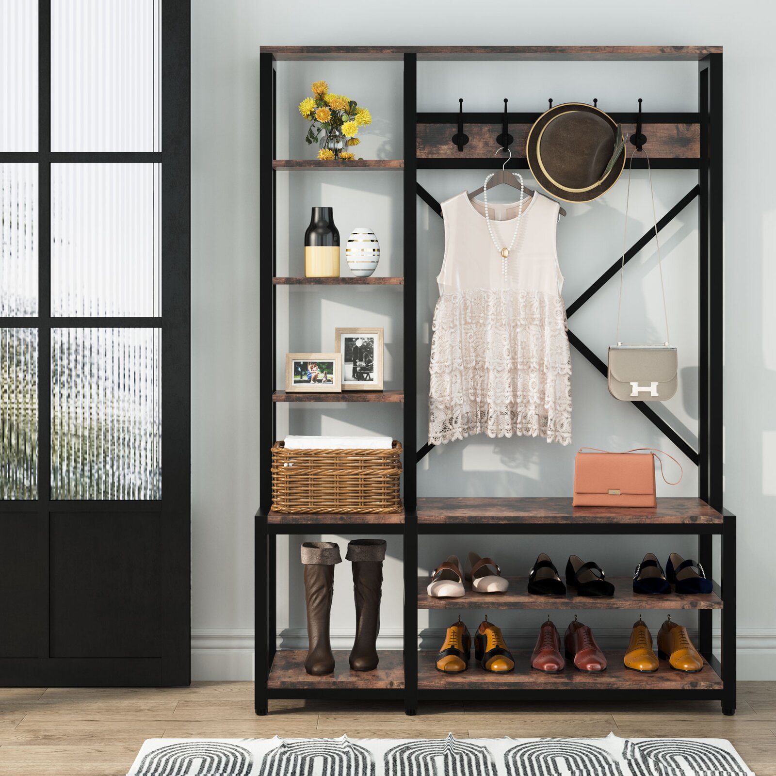 Emelyne 47.2'' Wide Iron Hall Tree with Bench and Shoe Storage