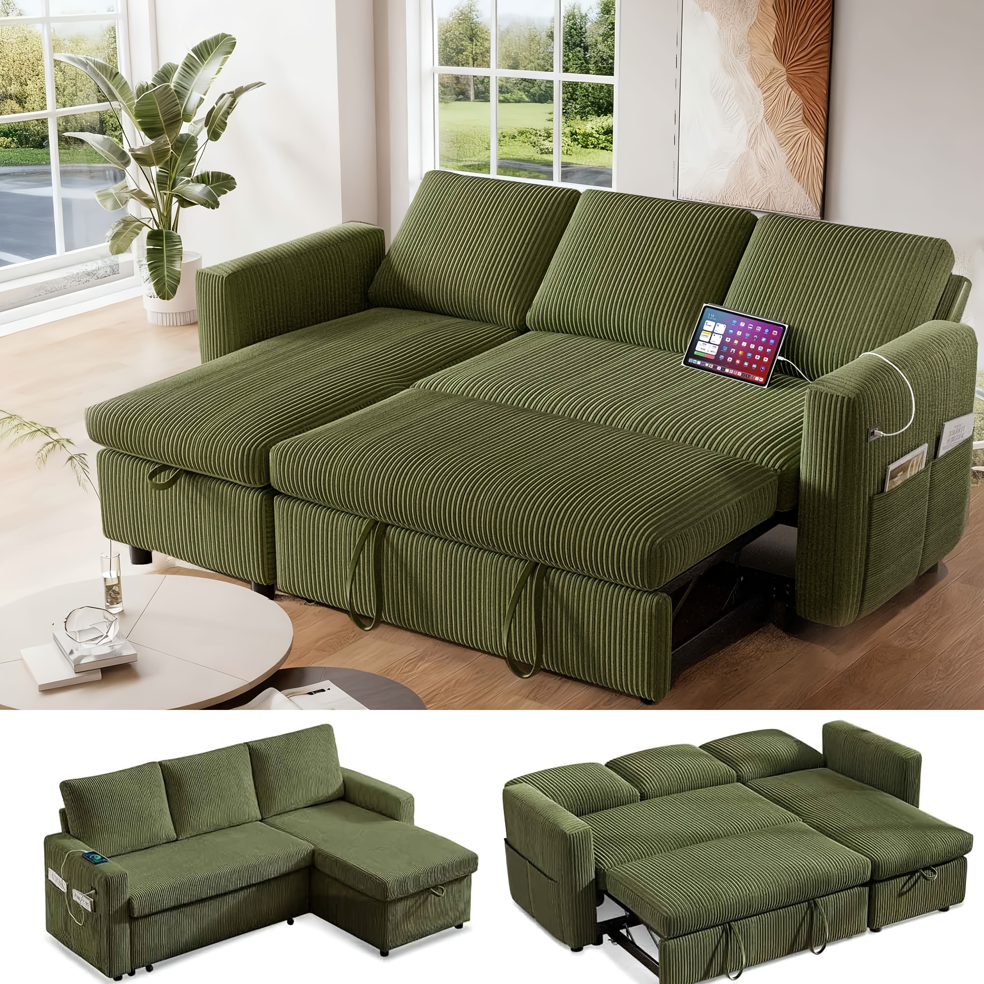 L-shaped corner sofa bed with pull-out bed function, adjustable backrest, double-sided storage chaise lounge, equipped with USB port, tool-free assembly