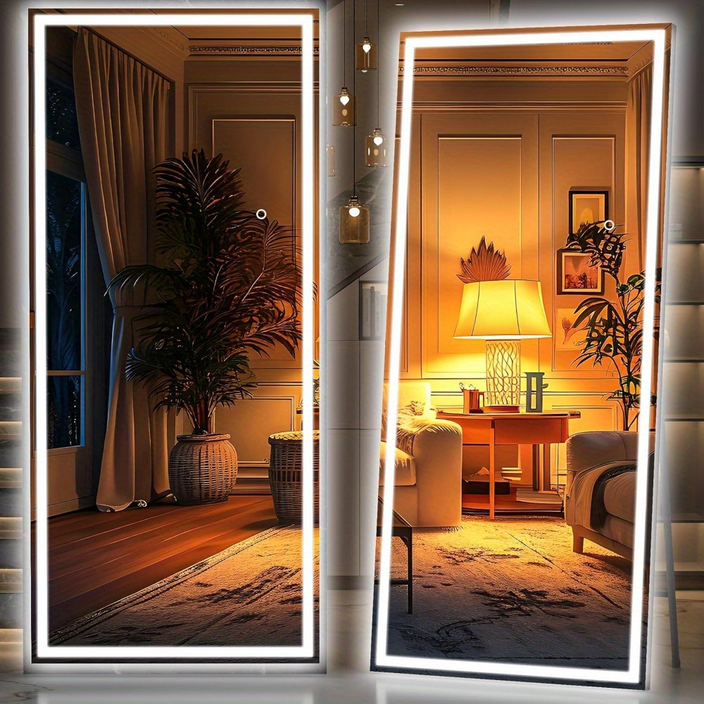 LED lighted standing full-length mirror, full-length wall mirror, with lights, dimmable, tempered glass, safe to use, square black, suitable for bathroom, living room, dressing room, hair salon, bedroom, and dressing room