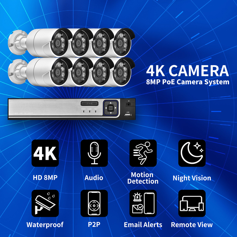 Gadinan 8MP 4K Ultra HD IP Camera Home Outdoor Bullet Metal Audio Video Surveillance Kit POE NVR CCTV Camera Set XMEye